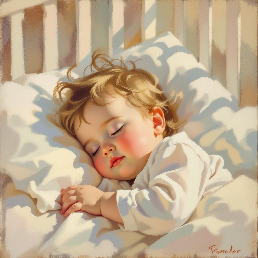 Serene Baby Sleeping Peacefully as Impressionistic Oil Paint...
