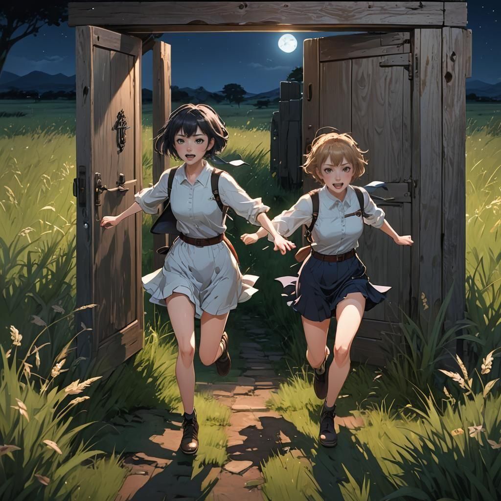 two girls, one with short hair one long, running to a door i...