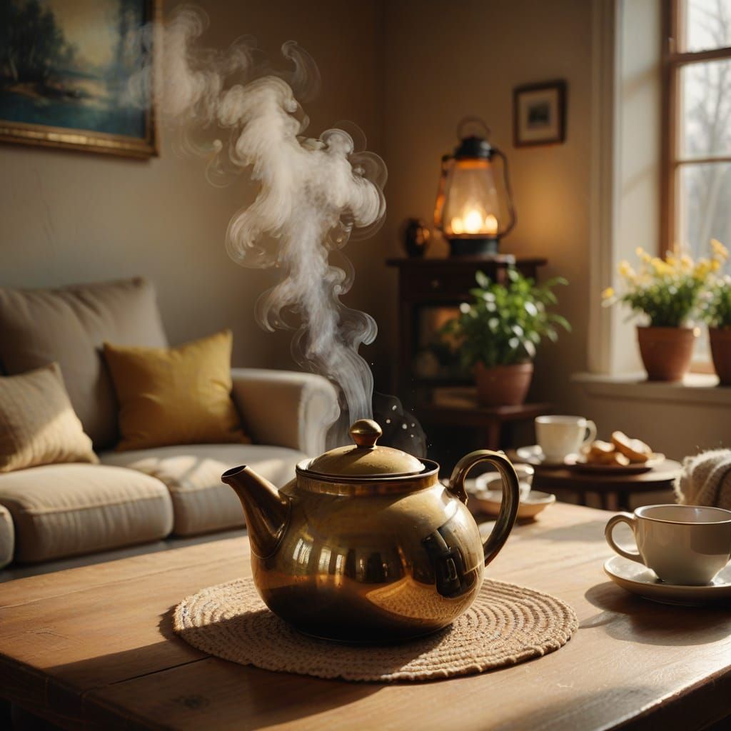 Warm Cozy Living Room with Steaming Teapot in Impressionist ...