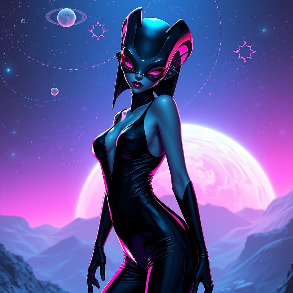 Sexy Space Alien in Futuristic Neon Galaxy