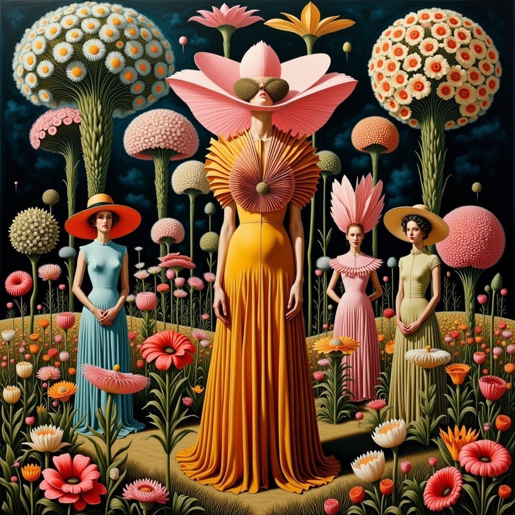  <lora:Surreal Sunday Flux:0.6>Surreal vintage glamour René Magritte tigre ovni fleur réservoir femme