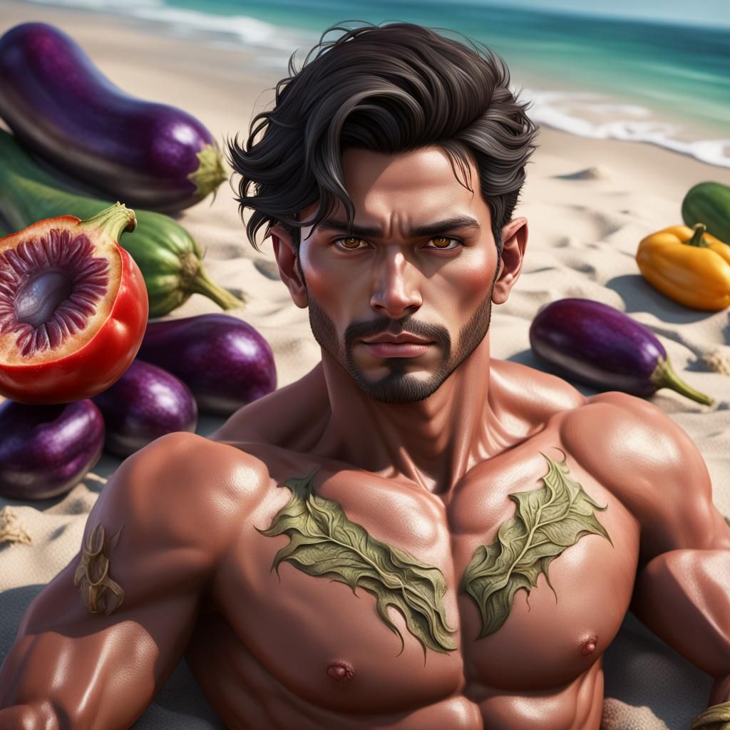 Man in the beach with fruit posing