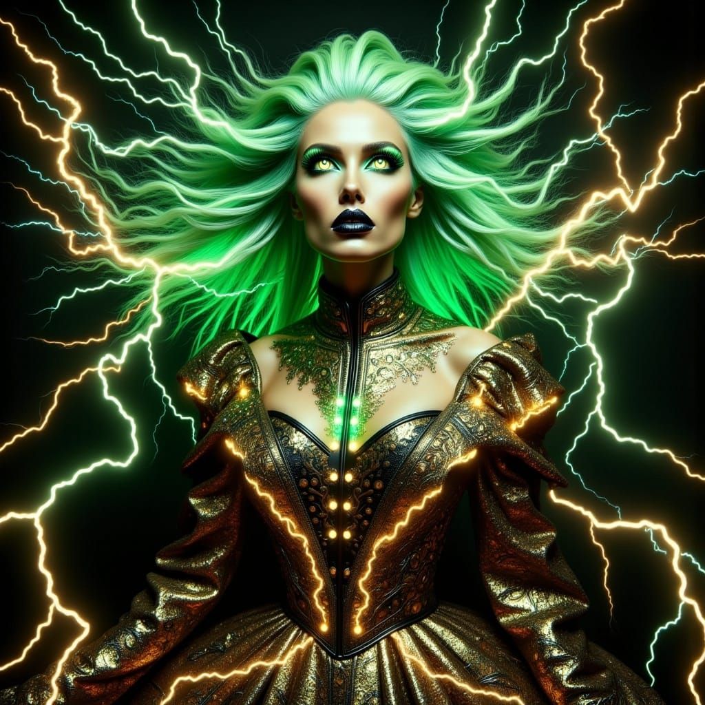 <lora:Electrifying:1.0>Gorgeous Medieval woman wearing a Medieval oversized dress with electrifying hair, big scary eyes, electric rays from...