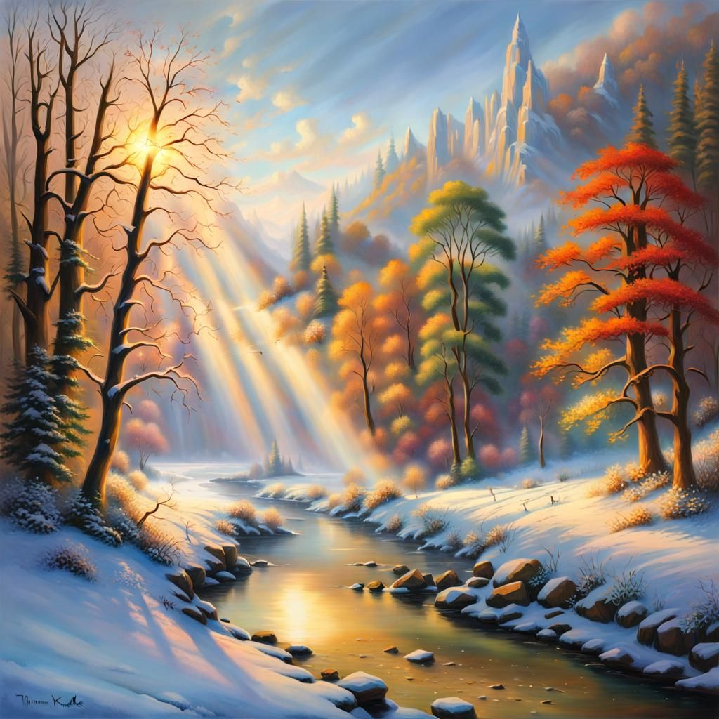 Walk in the snowy valley by the river, Hyperrealistic, splas...