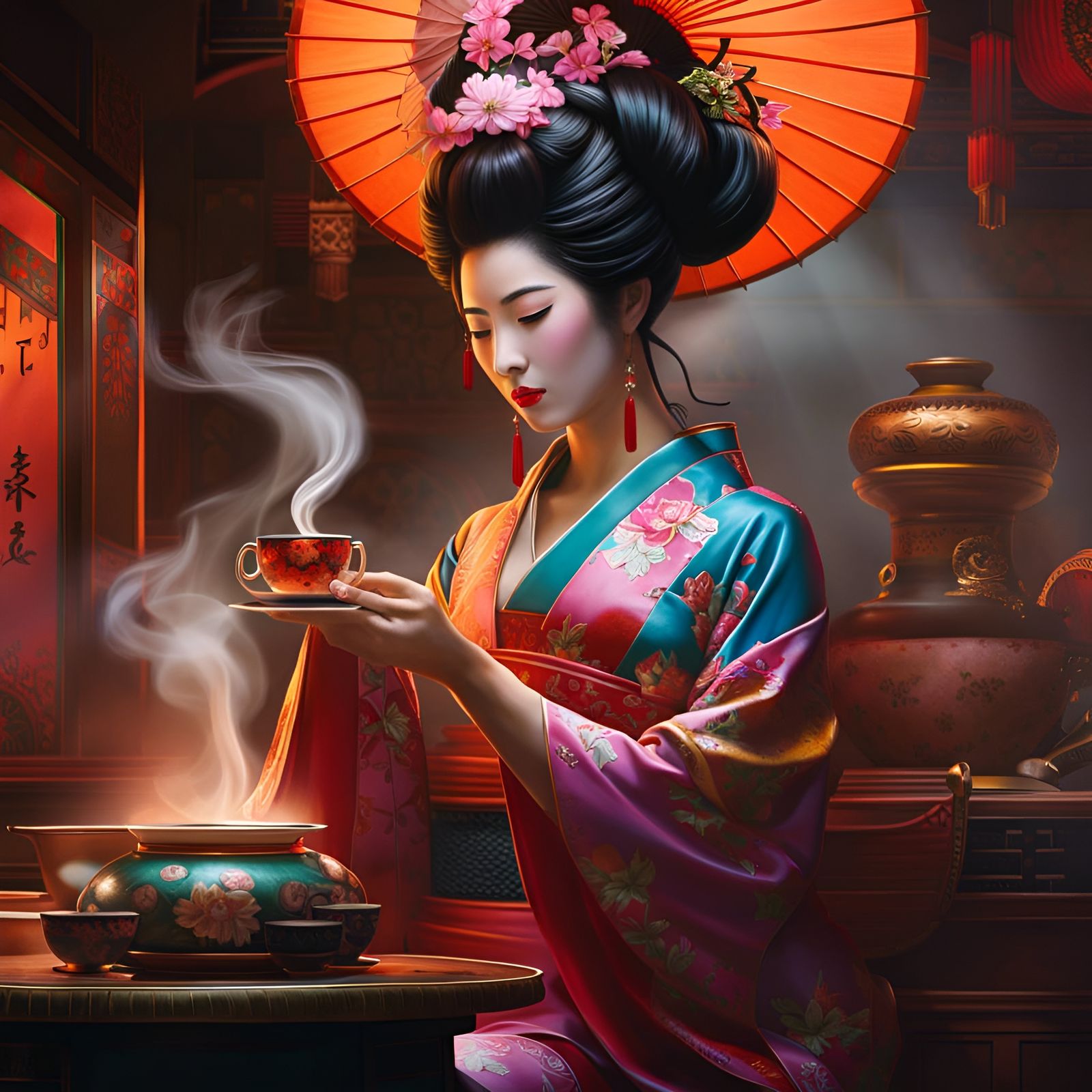 A Geisha Making Hot Tea  by @Mr-Dementia