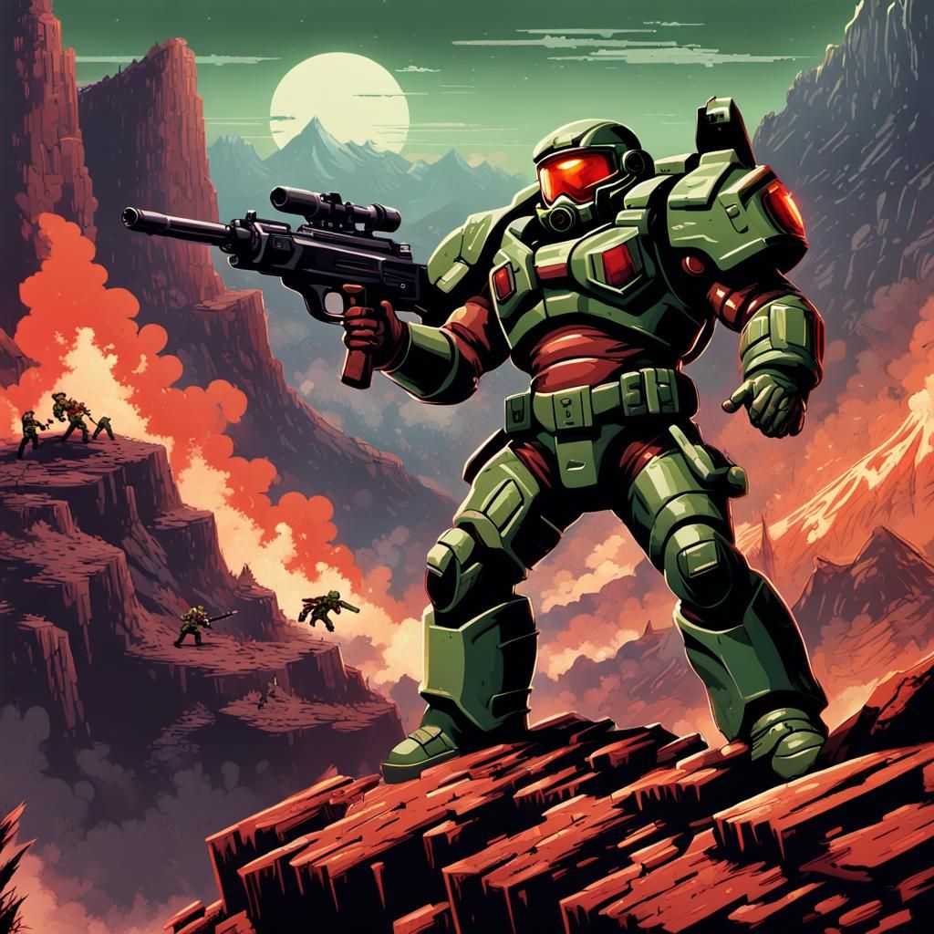 An action packed pixelated of doomguy standing on top of mou...