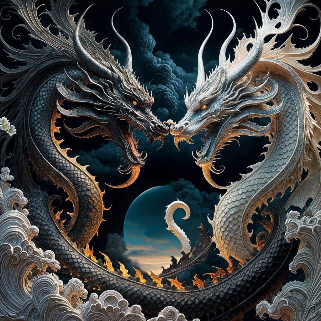 A back and a white pair of Japanese dragon's in a yin yang pattern fighting each other <lora:dark matters:1.0> ...  by @WhiskyEvil