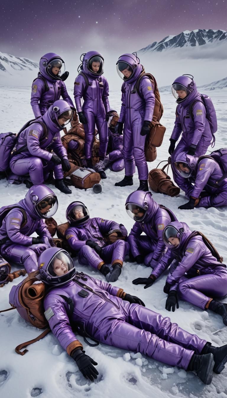 ten women in thick purple shiny rubber spacesuits