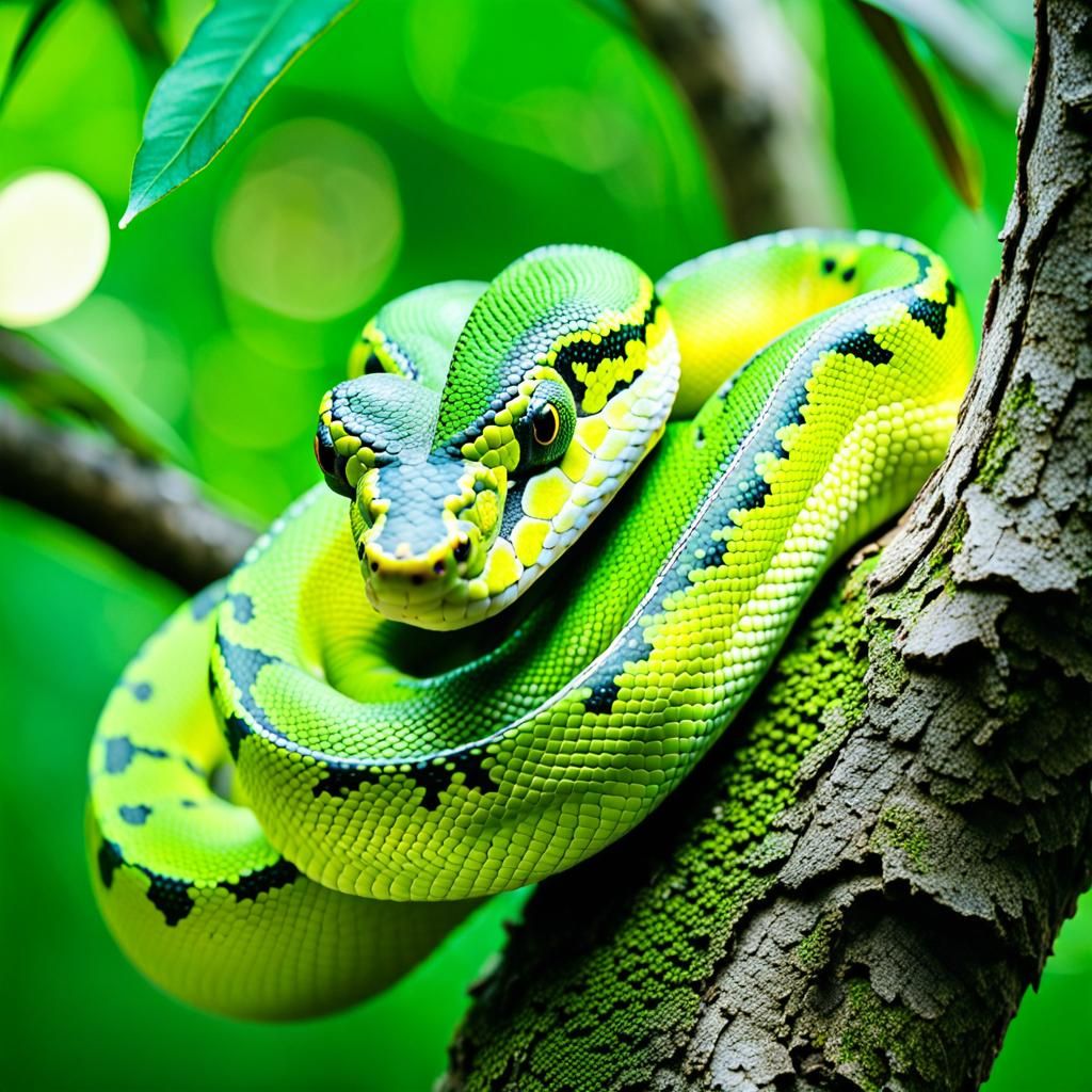Green tree python with shiny green scale speckled with neion yellow and whiten in a beautiful Japanese ...  by @WILLB