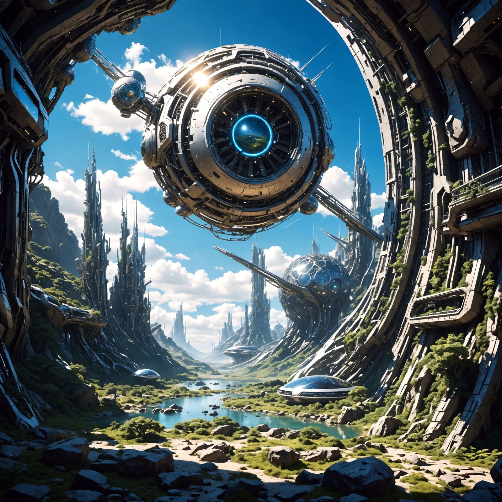futuristic, almost alien landscapes where technology and nat...