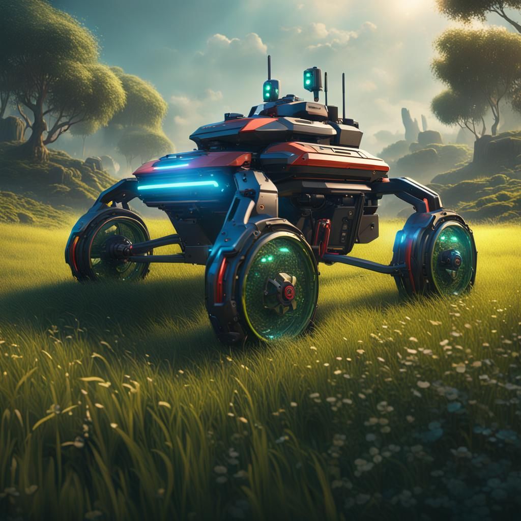 hi tech cyberpunk grass cutting autonomous wheeled drone wit...