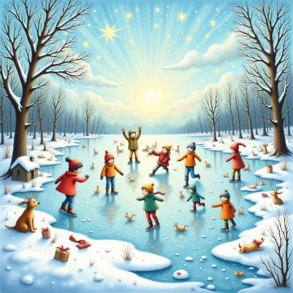 <lora:Storybook Christmas:1.0> Joyful children skating on a frozen pond, scarves flying in the wind