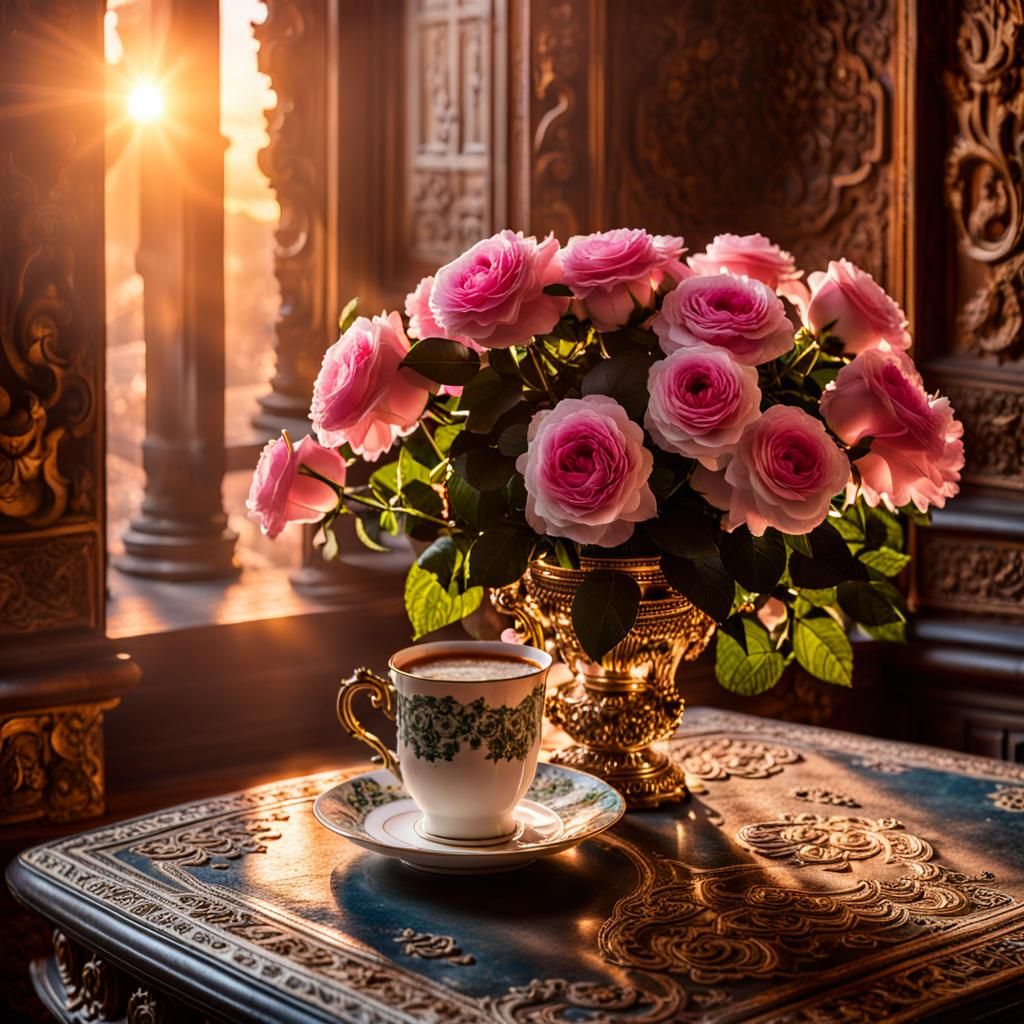 bouquet of pink roses sitting on an ornate table with a cup ...