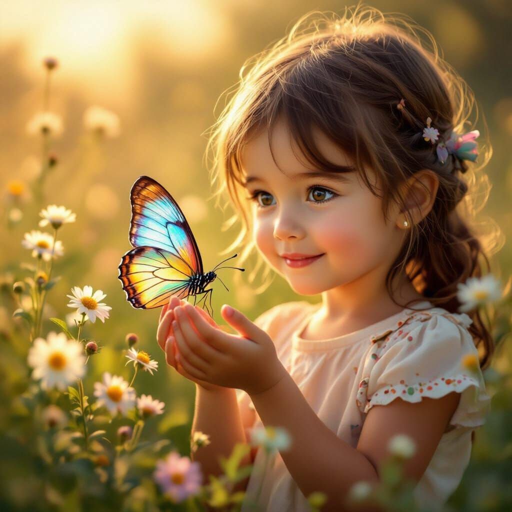 Girl and Butterfly in Golden Hour Wildflower Scene