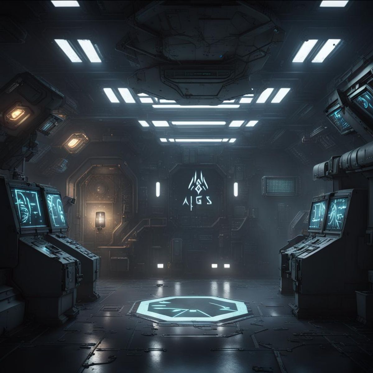 Inside a dark infested space station, cold, wet, dim lights, there is a shield standing up right