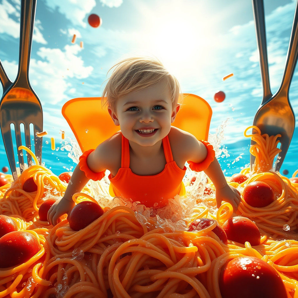 Boy's Spaghetti Pool Party in Digital Art Style