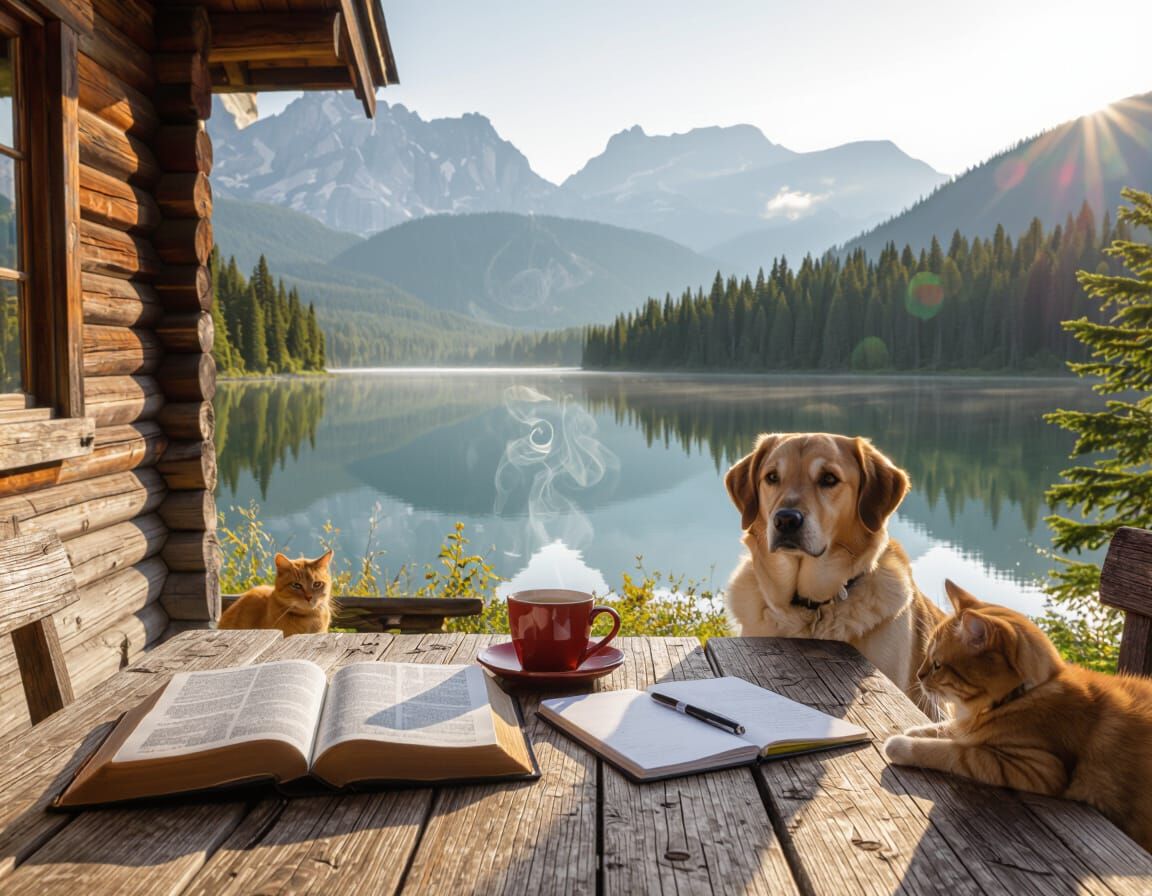 A warm, realistic scene viewed from the perspective of a person sitting beside a wooden table outside a rustic cabin. On the table lies an o...
