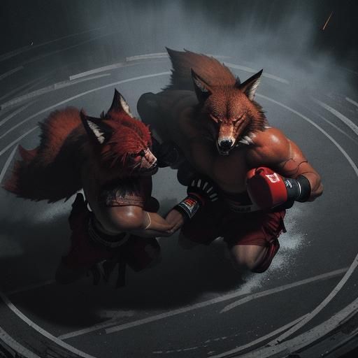 Two male wolf shifters, both red wolves, fighting each other. They wear boxing gloves. They circle each other in a big sparring ring. 