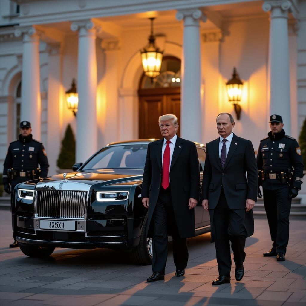 Trump and Putin Emerge from Luxury Car at Grand House