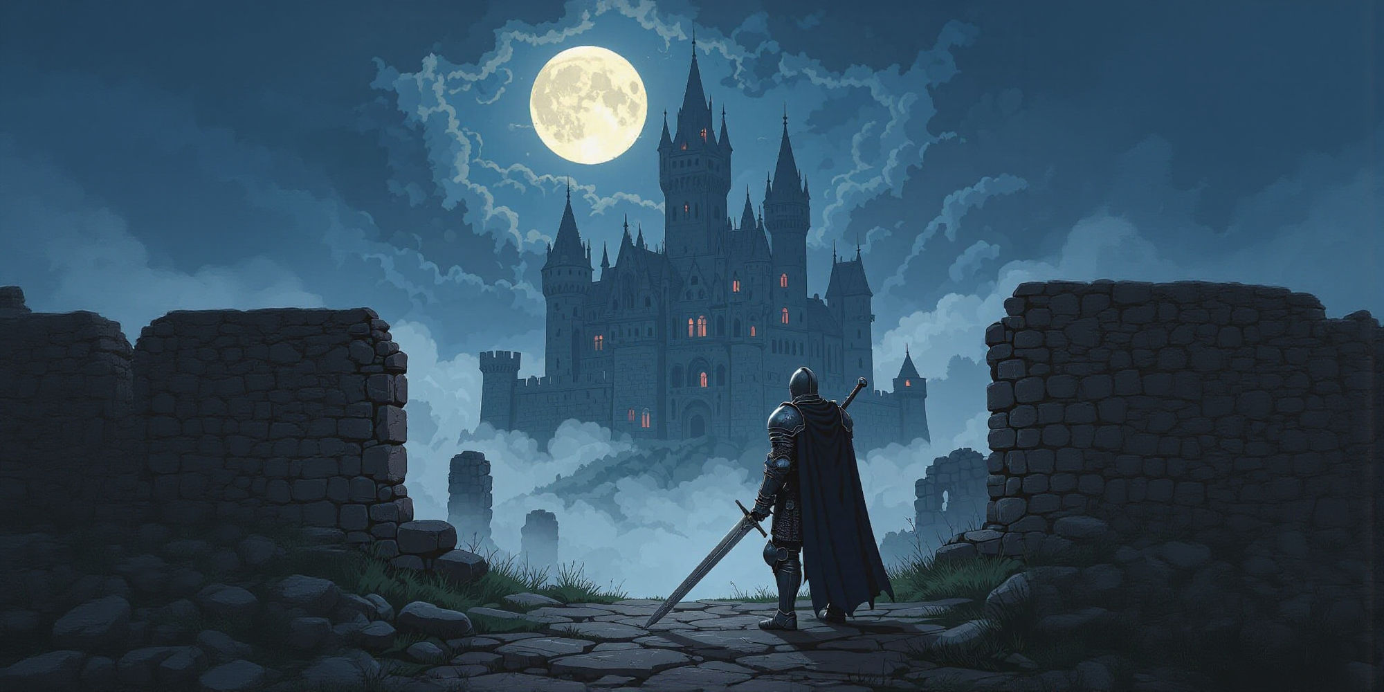 Pixel art style, dark fantasy scene. A brave knight in armor with a sword stands on the ground, looking at a large gothic castle in the dist...