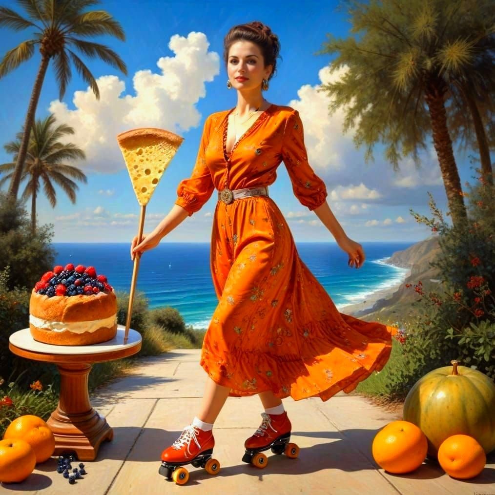 Happy Woman Roller Skating Portrait in Hyperrealistic Style