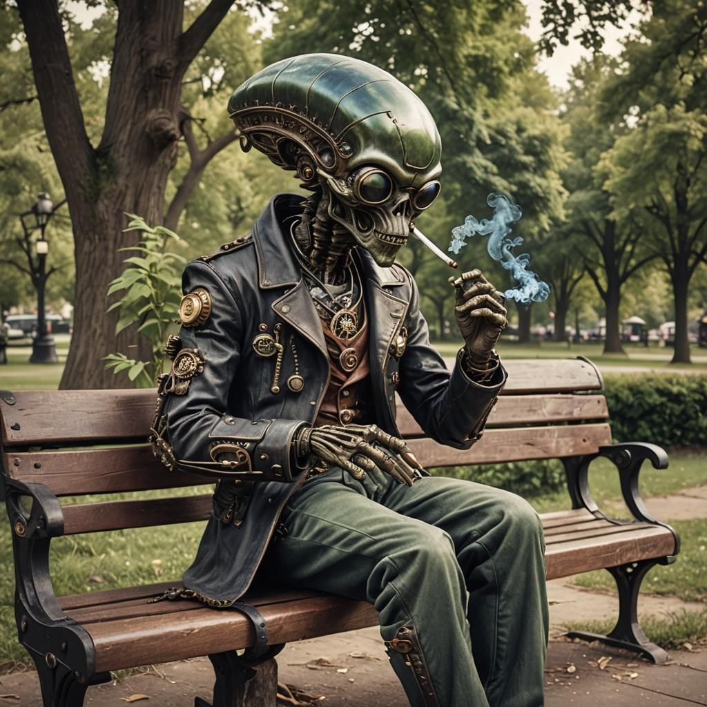 Alien smoking a joint, stoned, sitting on a park bench - AI Generated ...