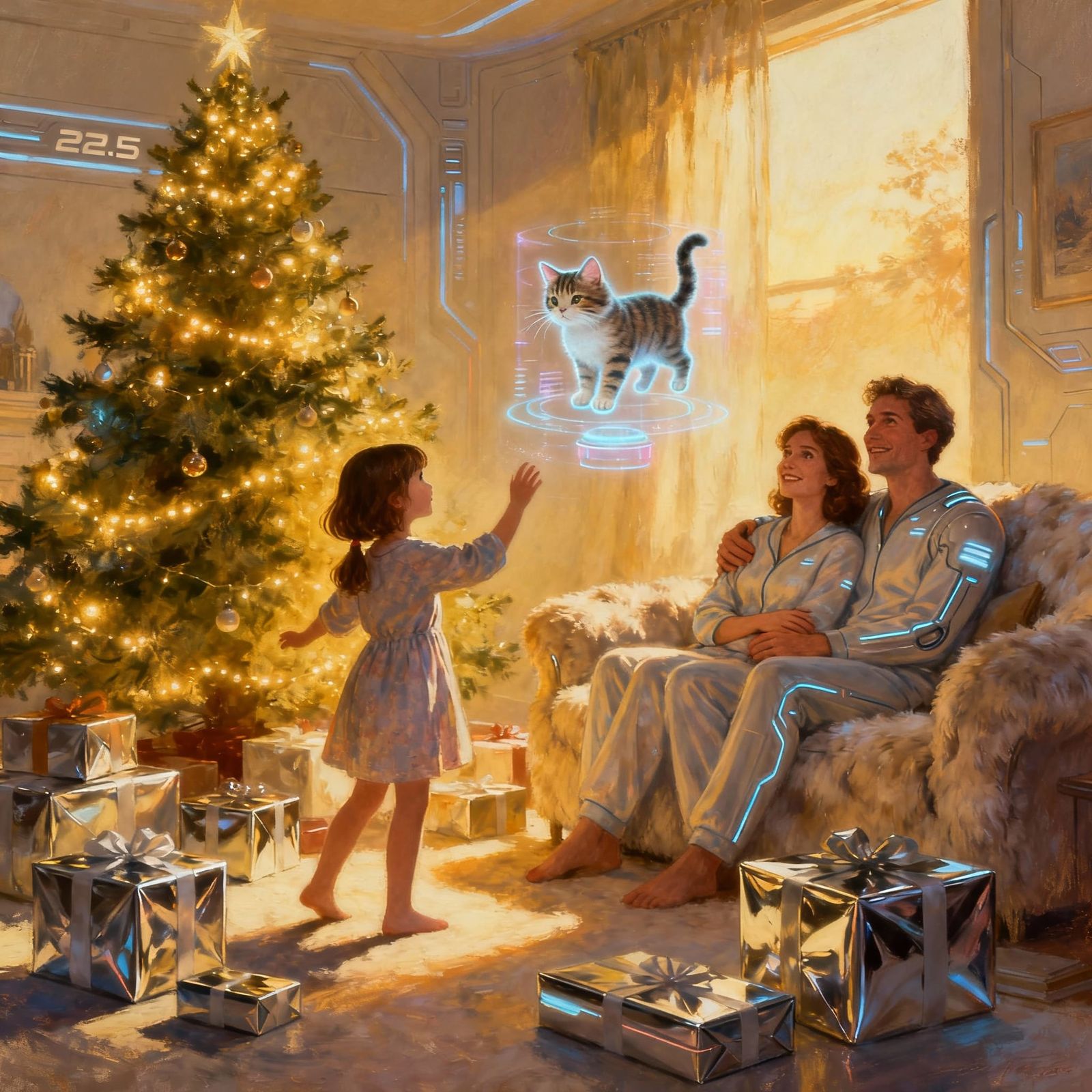 In the year 2225 a family sits in pajamas around a Christmas tree unwrapped presents litter the floor. ...  by @Rye_Toast
