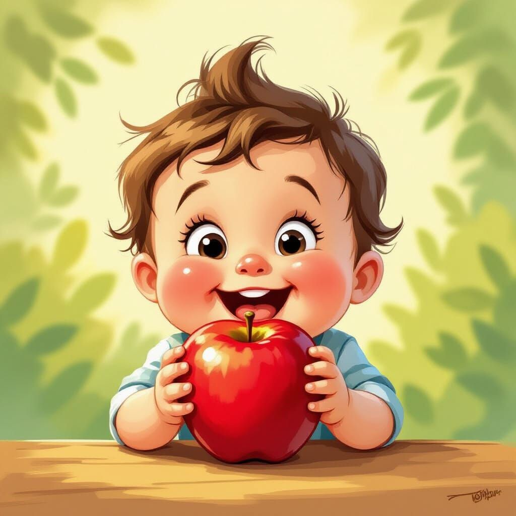 Joyful Chubby Baby Eats Red Apple in Cartoon Style