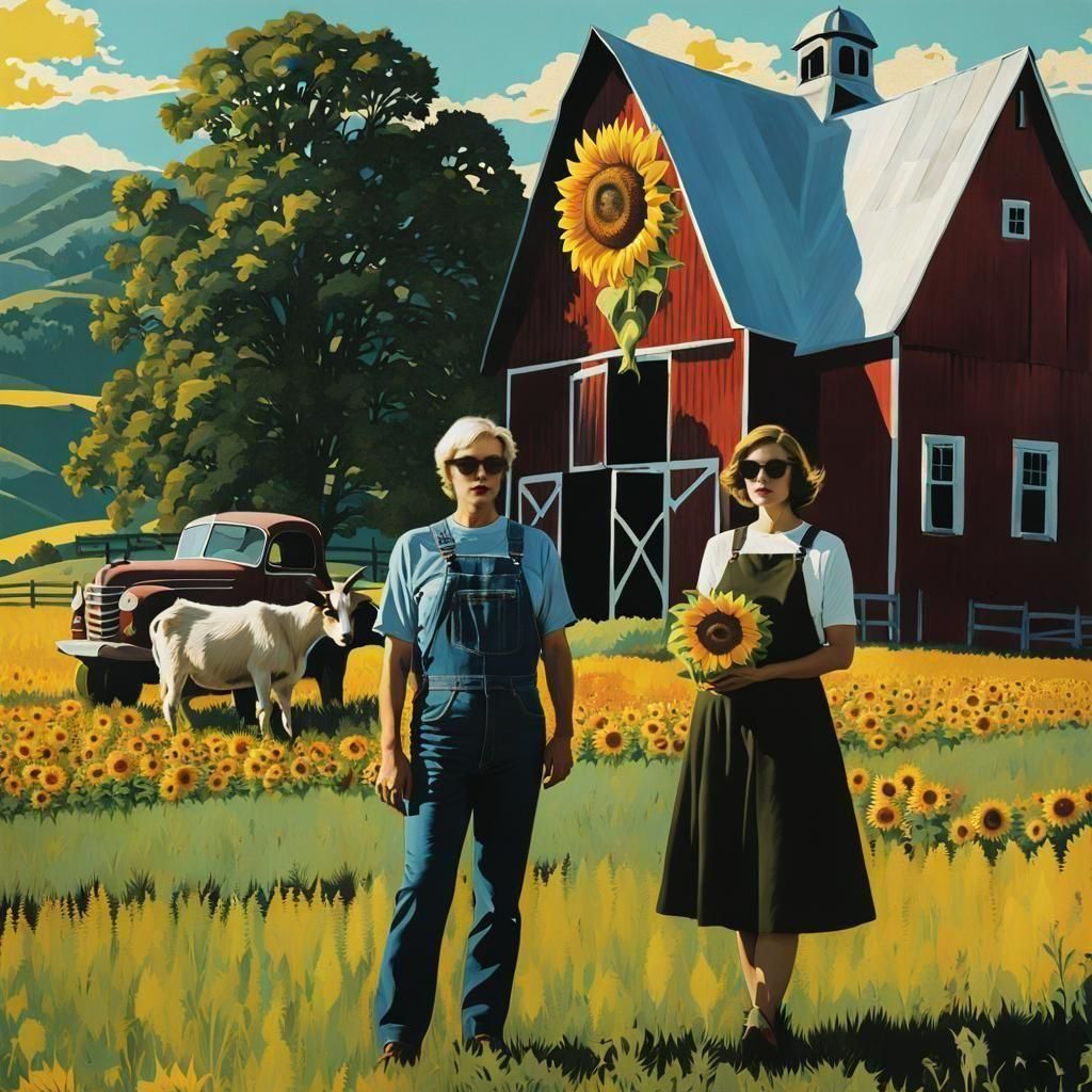couple holding oversized sunflowers, barn, rolling farmhills...