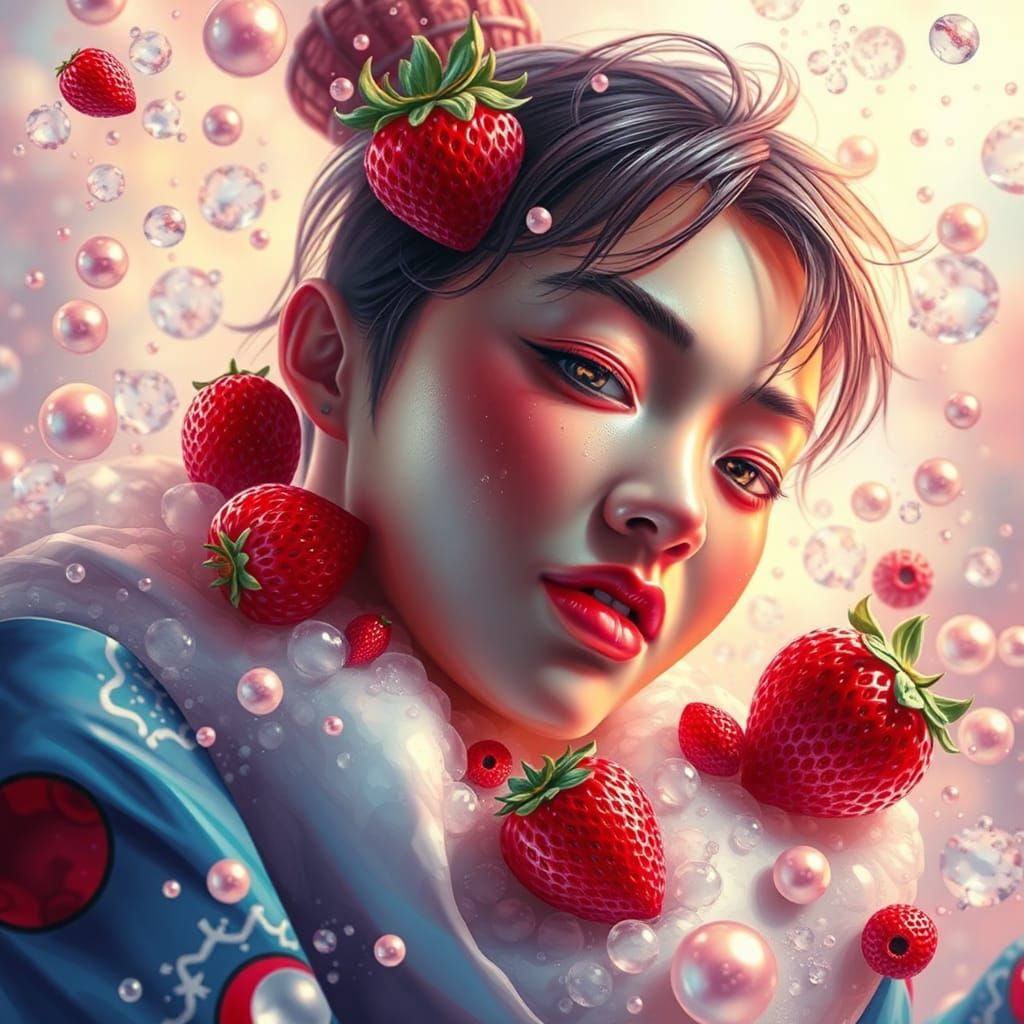 Hyperrealistic Equation: Strawberry, Hedgehog, Bed, Cherries