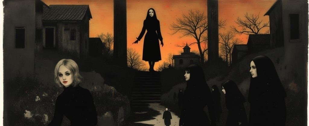 The Handmaid's Tale, dystopian future, Giorgio di Chiricco, long shadows, sueded texture,  Multiple rooms, A crowd of many different people ...