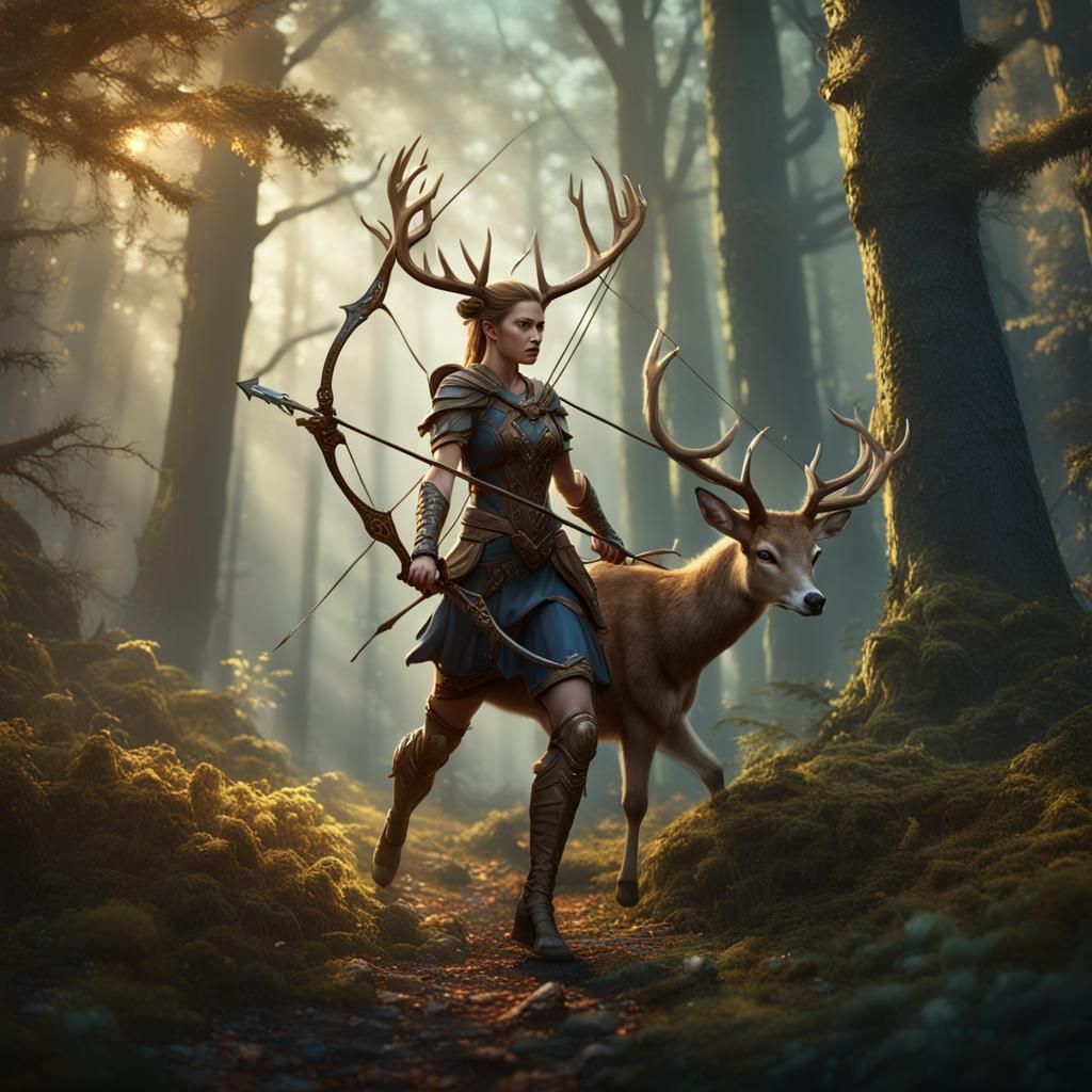 Artemis ran through the woods holding her bow. Her Deer is f...