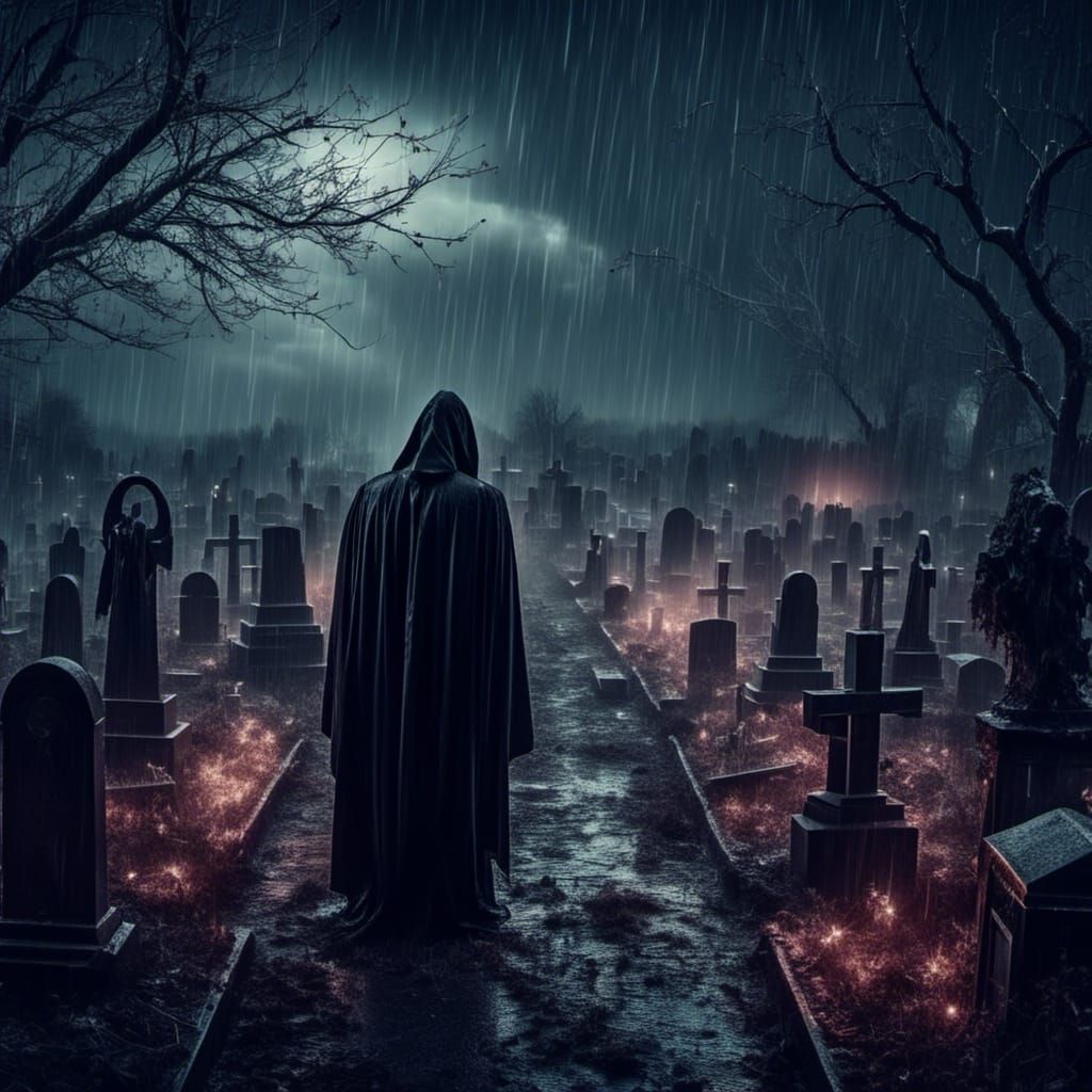 Grim Reaper at a graveyard, <lora:Wild Storm:1.0> heavy rain, hdr, hyperrealistic,