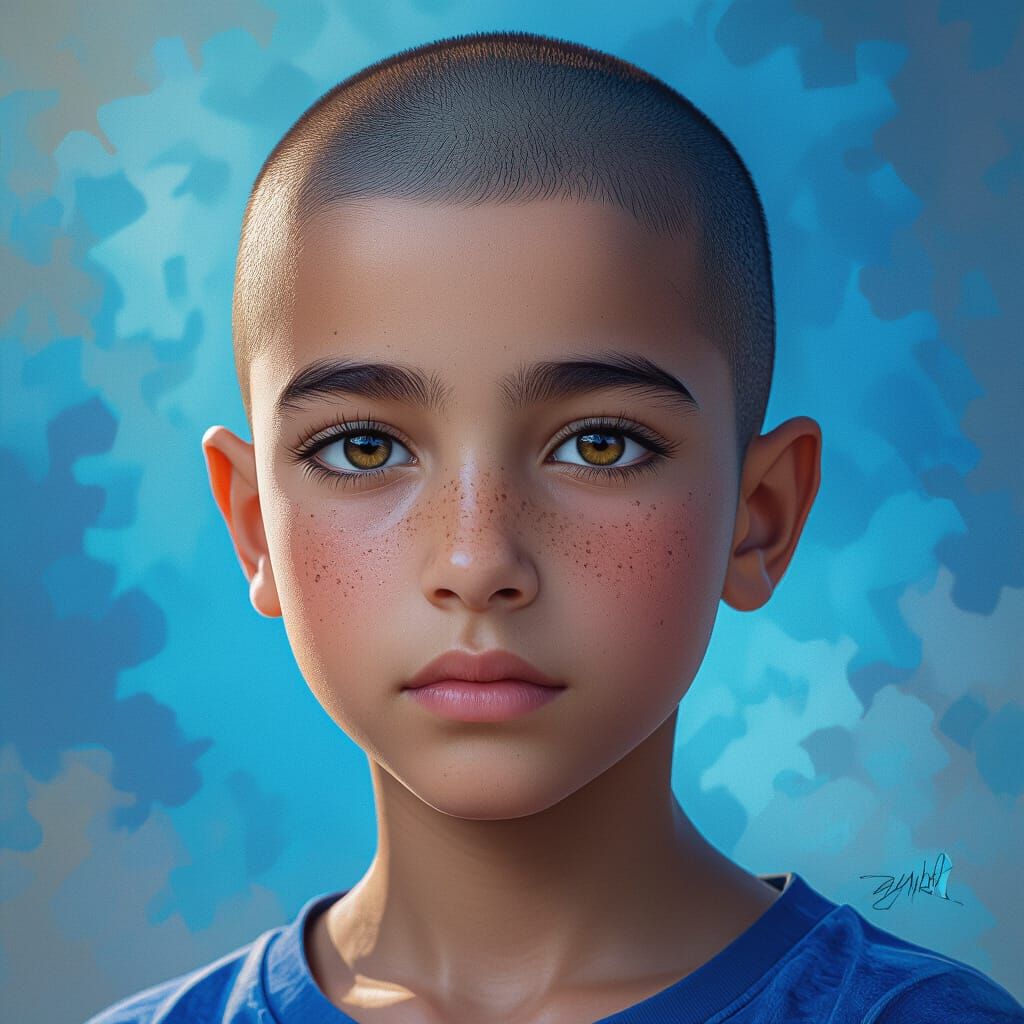 Hyperrealistic portrait of a beautiful 12 year old Egyptian boy with a shaved head.