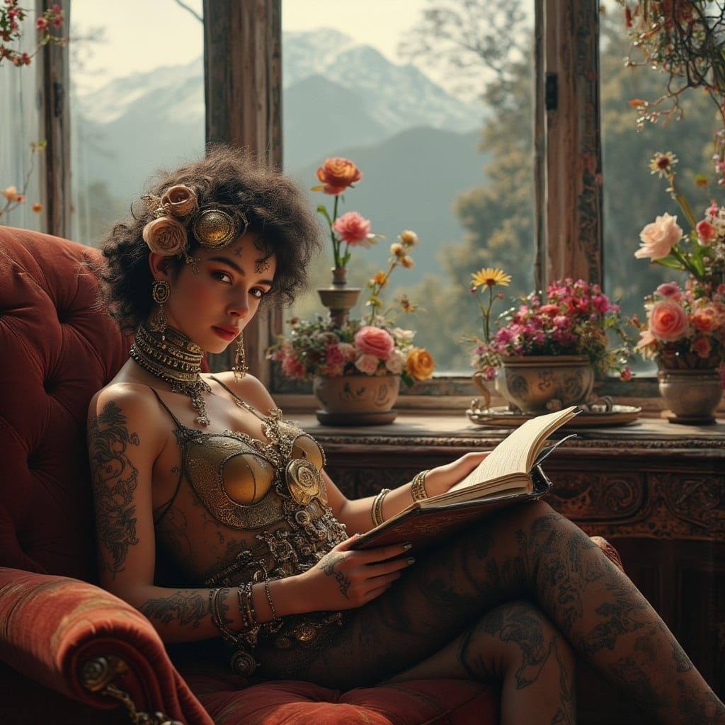 <lora:Double Photoreal v2:1.0> Steampunk lady relaxed in an armchair reading a large illuminated book. In a bay widow with a decorated bowel...