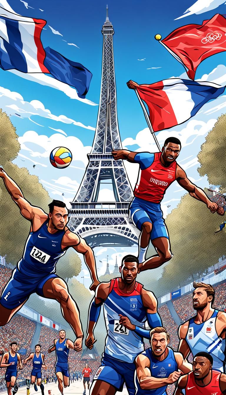 Comic style poster of France 2024, with the Eiffel Tower and...