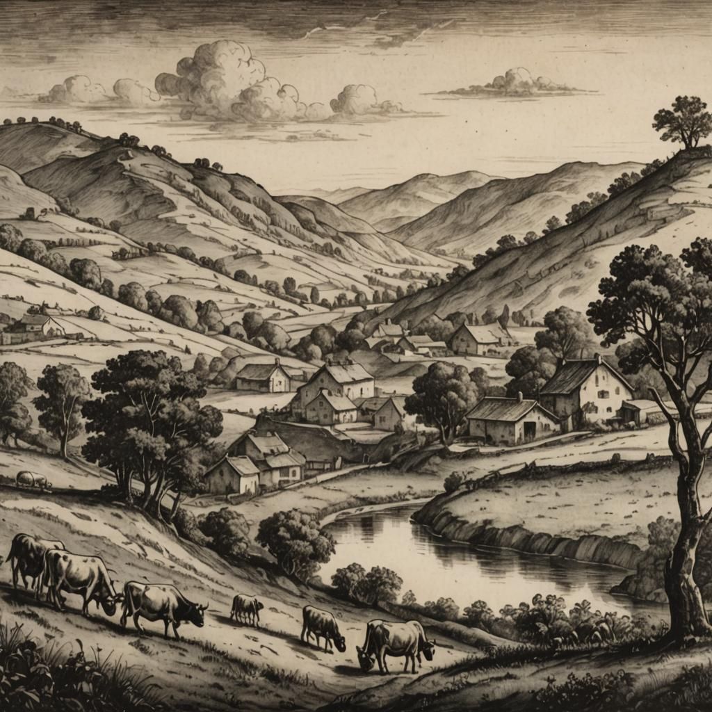 Etching : Landscape with hills, cows and village