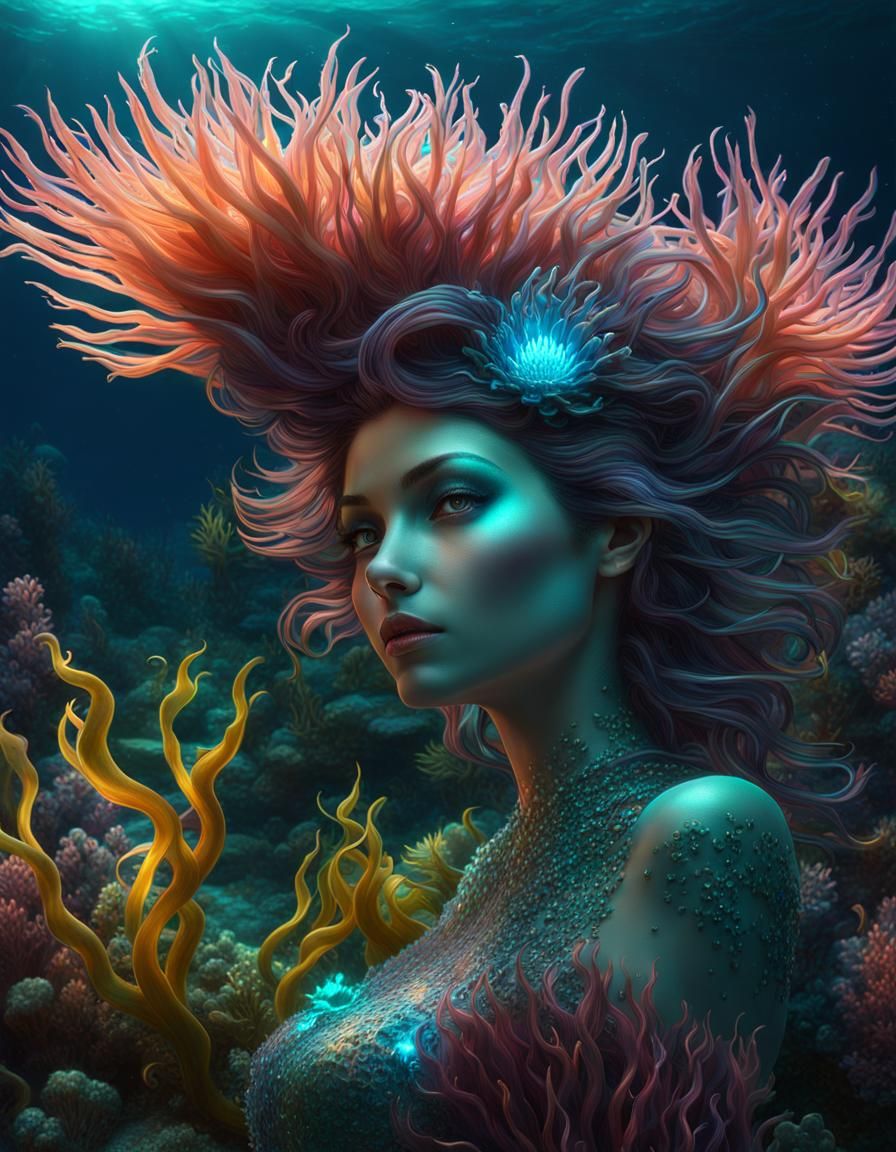 punk glass bioluminescent anemone and a punk glass mermaid, underwater ...