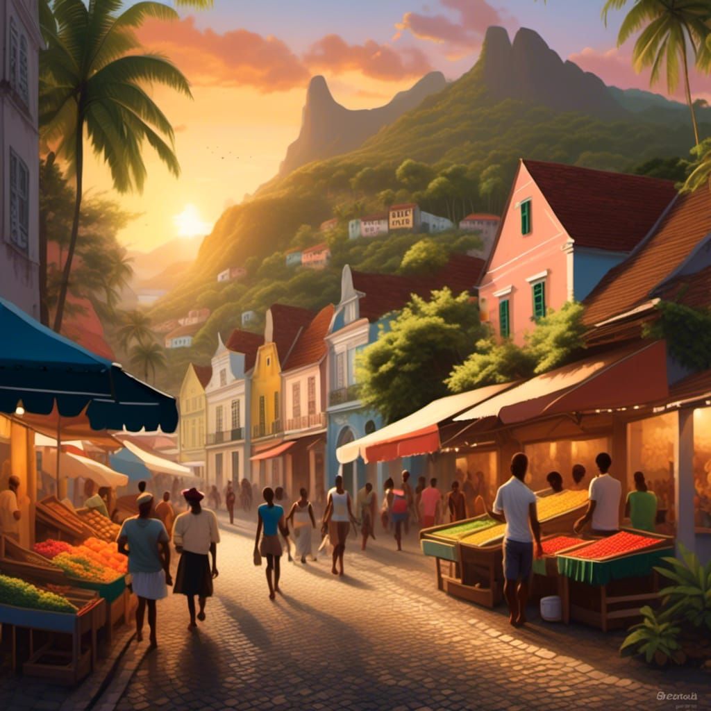 <lora:magination v1:1.0> Create a digital artwork of a serene village scene in Martinique at sunset. The image should feature a mix of tradi...