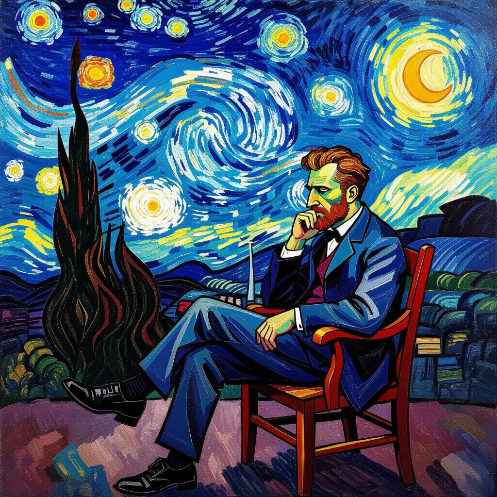 Van Gogh still  
The man sit in the chair and full of estreess and around him is a loss of thinking icons