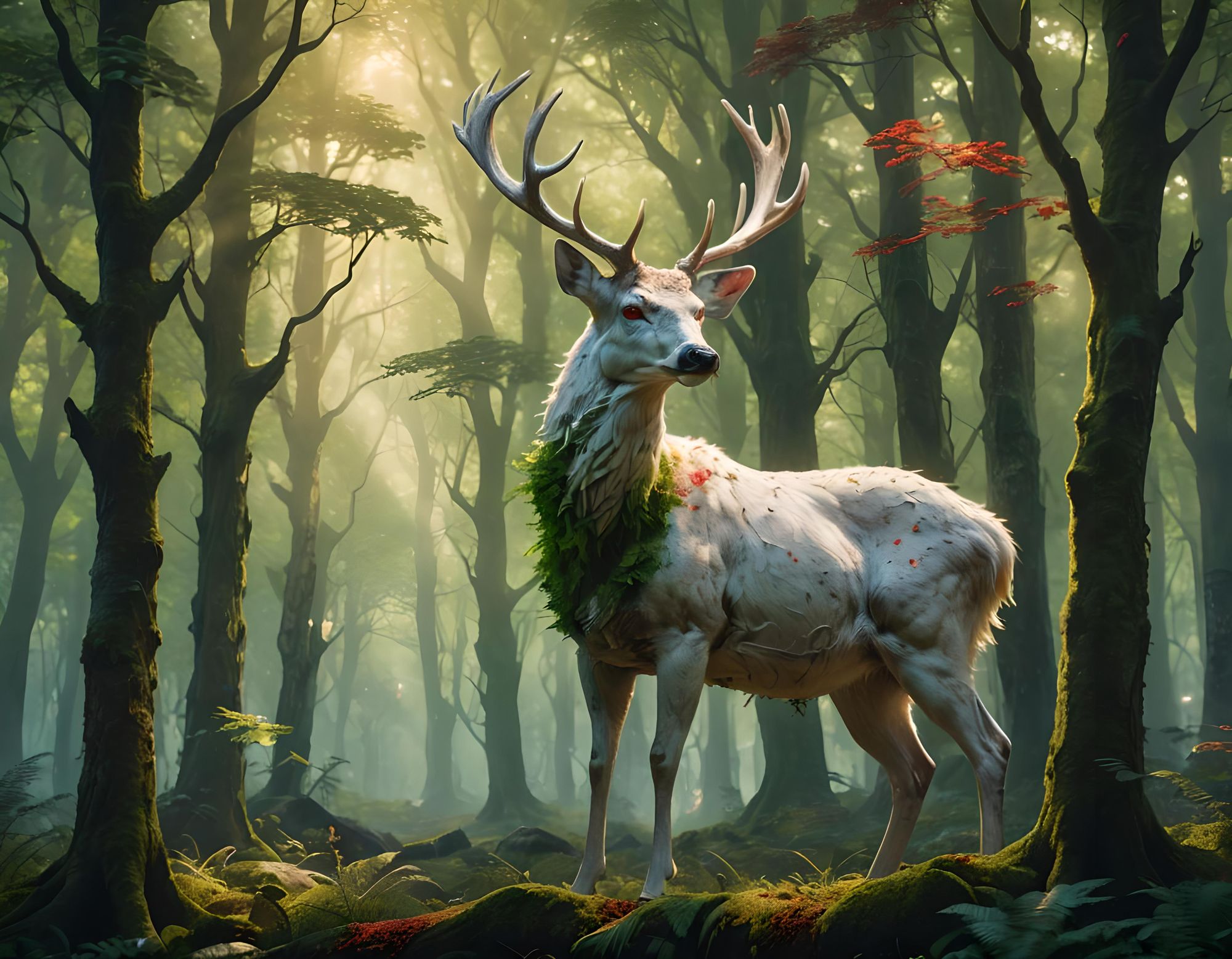 a great white deer with red eyes, the guardian of a fantastic green forest
