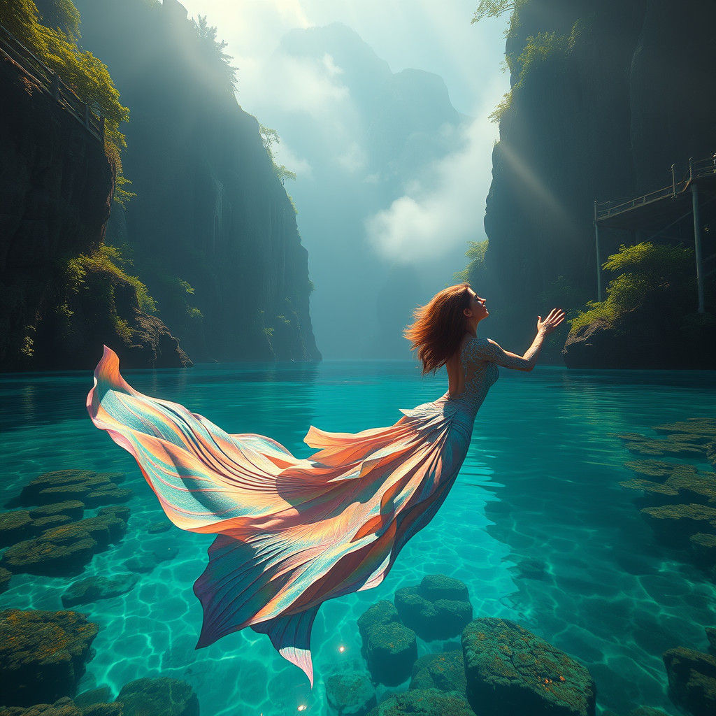 Ethereal Woman in Lagoon: Hyperrealist Digital Art