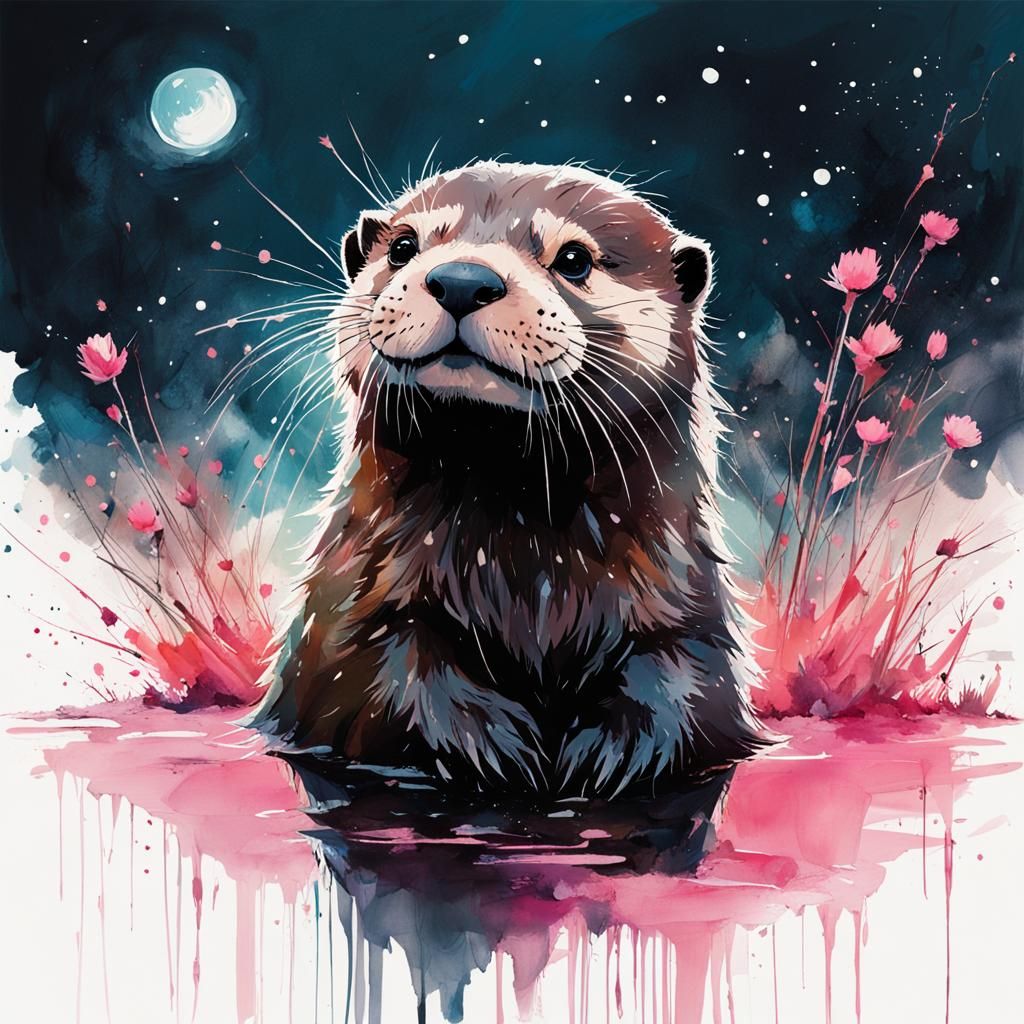 Baby Otter Gazing at Star, Watercolor Splash Art