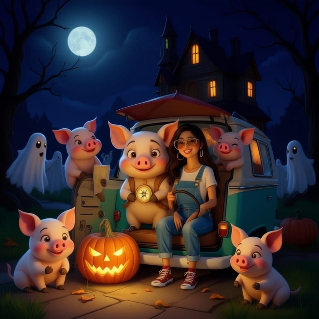 Take this picture add Christina and the other pigs you created previously and generate a book cover for 6 pigs a girl and an rv Halloween ad...