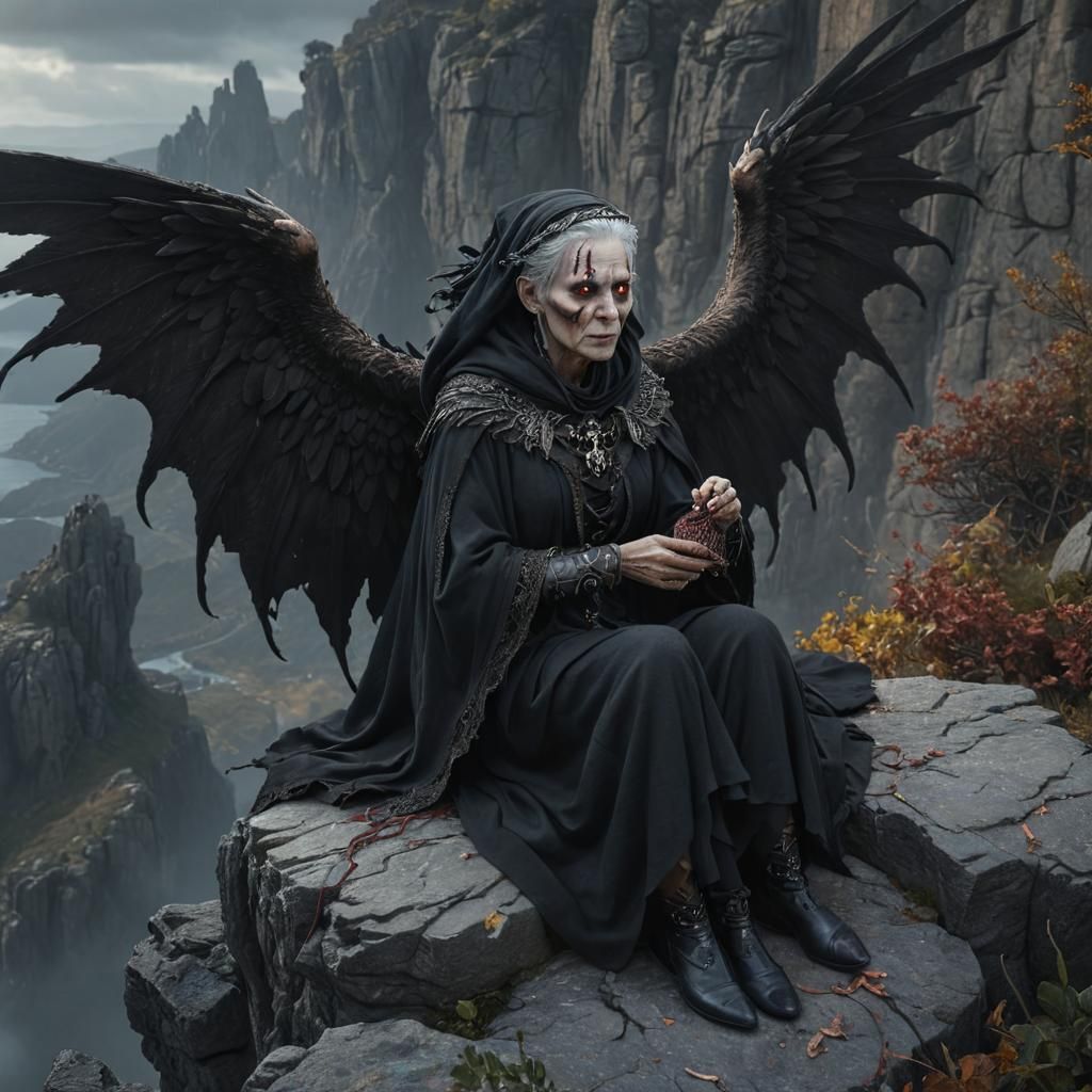 Gray skinned ancient female hag with empty eye sockets wearing a ragged black cloak with wings sitting on a cliff edge and knitting with hum...