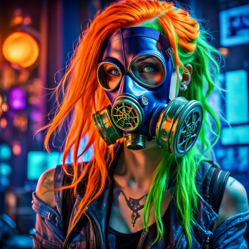""Cyberpunk girl with long neon orange and neon green hair. ...