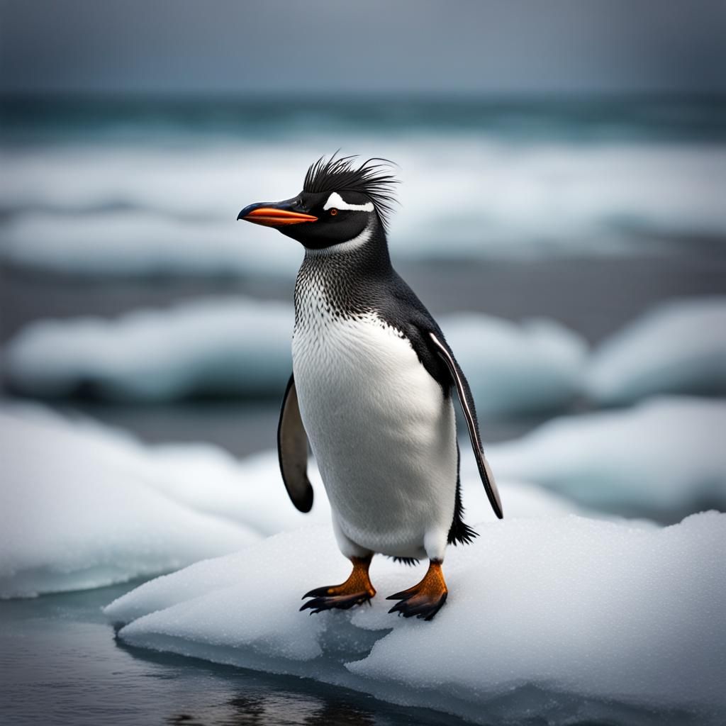 A (rockhopper penguin:1.3) standing on an ice sheet by a (fr...