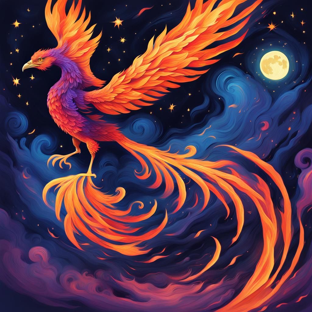 Phoenix Soaring Through Starry Night Sky