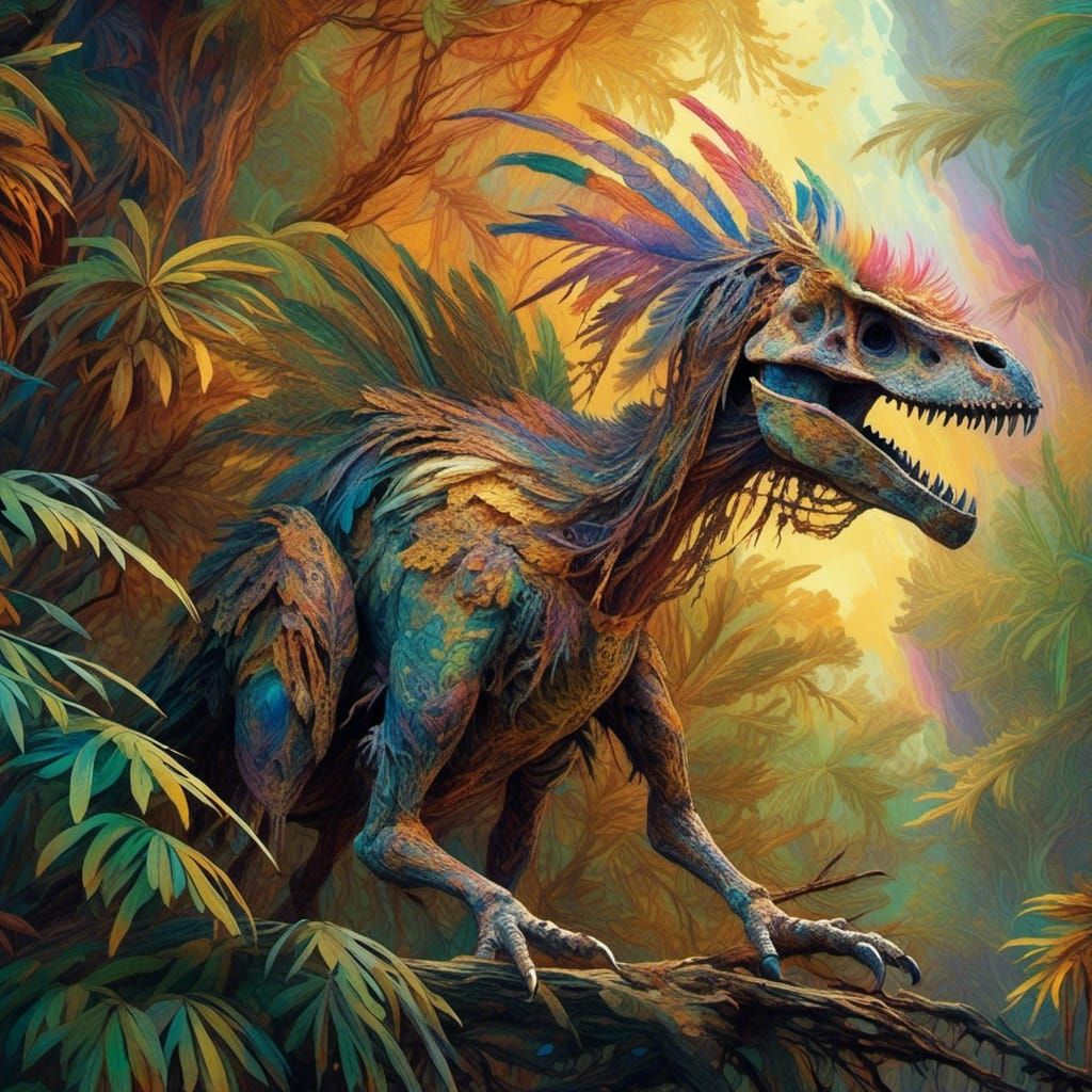 <lora:mist:1.0>  feathery dinosaur