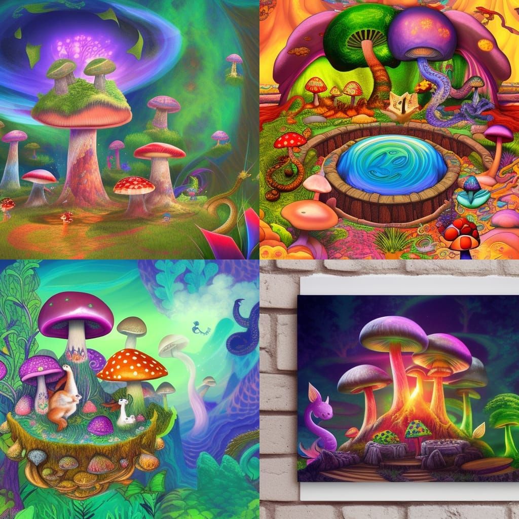fantasy mushroom realm with cats and dragons living together...